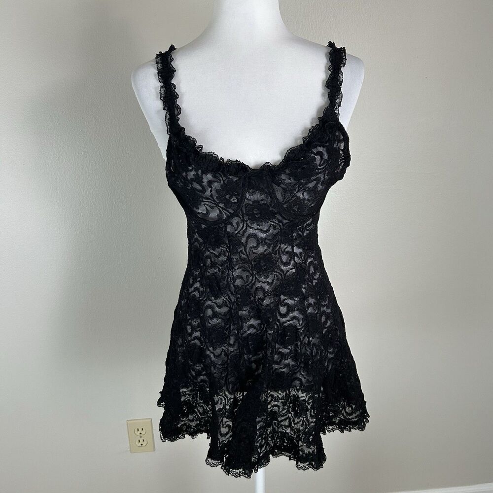 Vintage Fairy Goth Sheer Black Lace Lingerie Negligee Slip Dress Pixie Hem Med